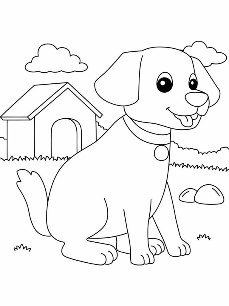 Desenho para colorir de um Labrador Retriever sentado na grama em frente a uma casinha de cachorro. O cachorro está usando uma coleira com uma etiqueta.