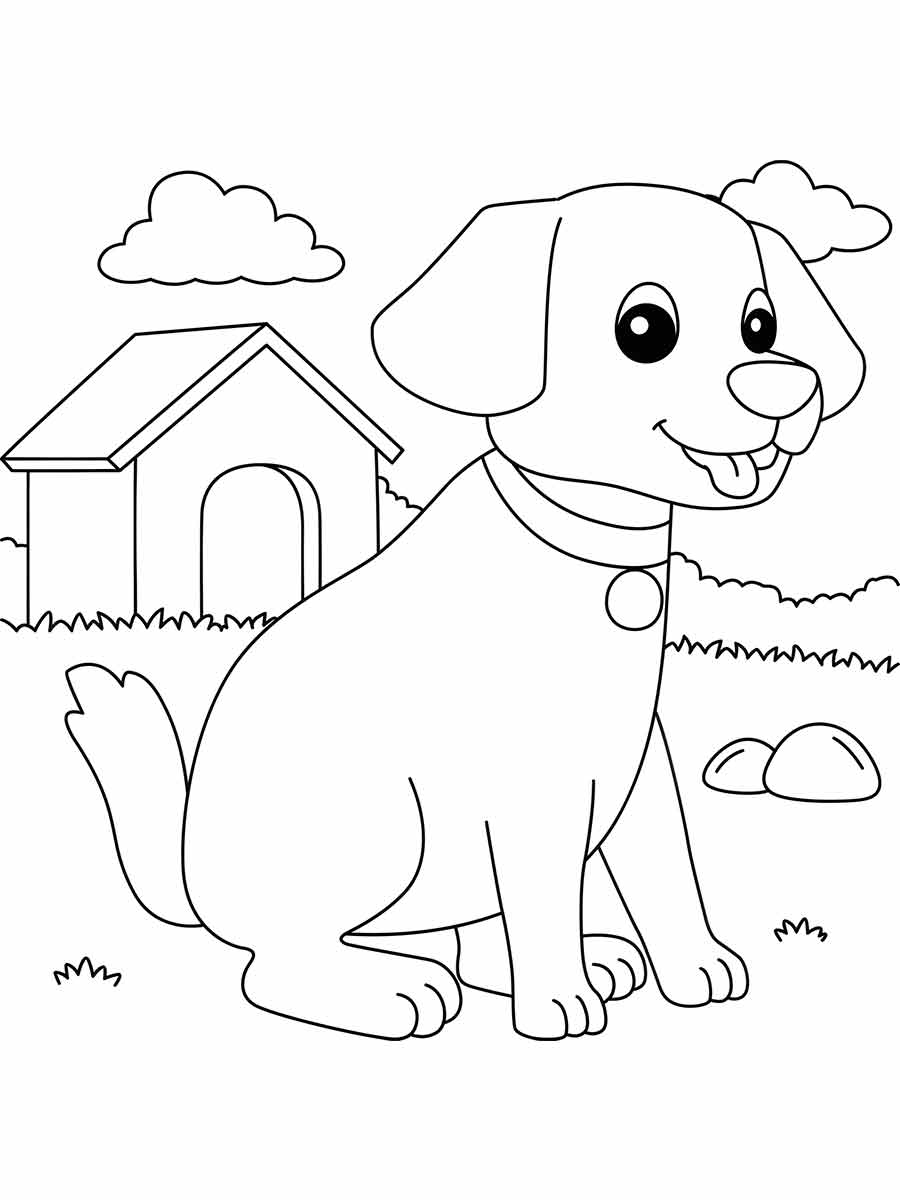 Desenho para colorir de um Labrador Retriever sentado na grama em frente a uma casinha de cachorro. O cachorro está usando uma coleira com uma etiqueta.