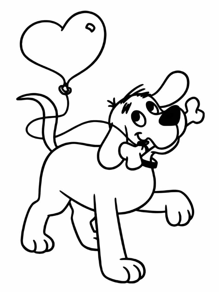 A imagem é um desenho em preto e branco de um cachorro de desenho animado com um balão em forma de coração amarrado à sua cauda. O cachorro está em pé sobre as patas traseiras e tem um grande sorriso no rosto. O cachorro tem um grande nariz e orelhas caídas. O balão é em forma de coração e tem uma corda amarrada à cauda do cachorro. O fundo é branco. É uma imagem divertida para colorir!