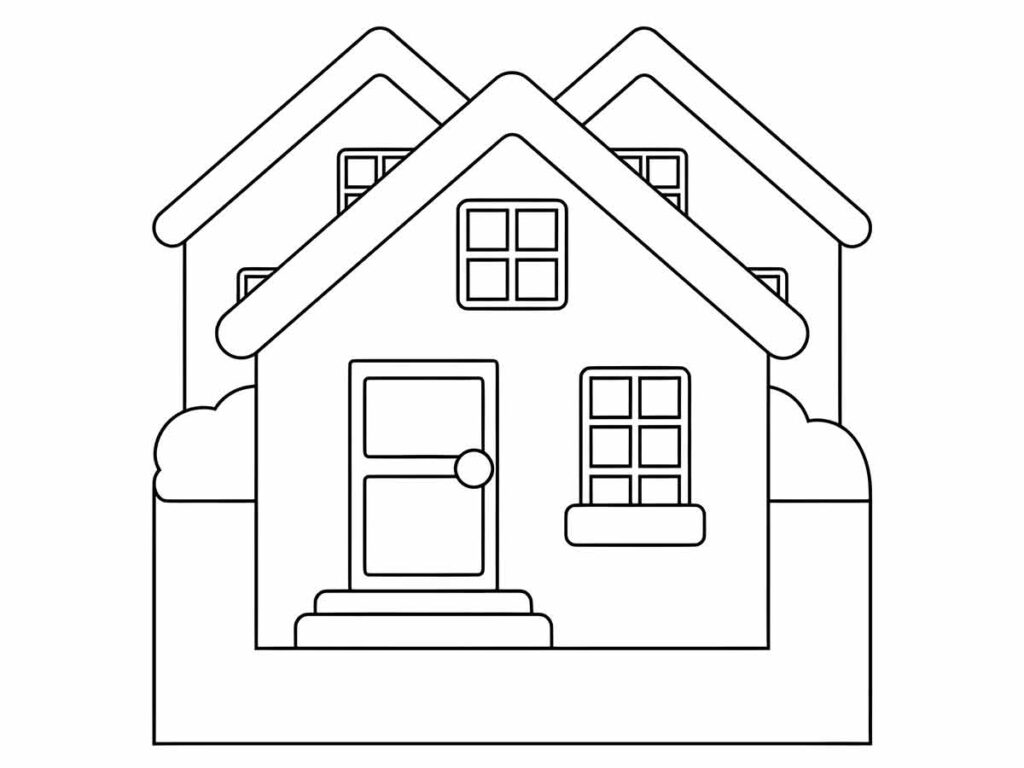 Desenho para colorir: uma casa simétrica com um telhado de duas águas e duas janelas do tipo dormer.