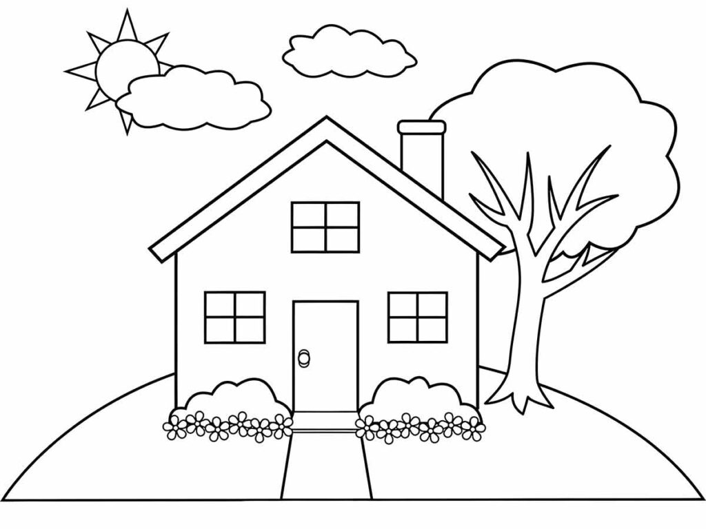 Desenho para colorir: uma casa com jardim e árvore.