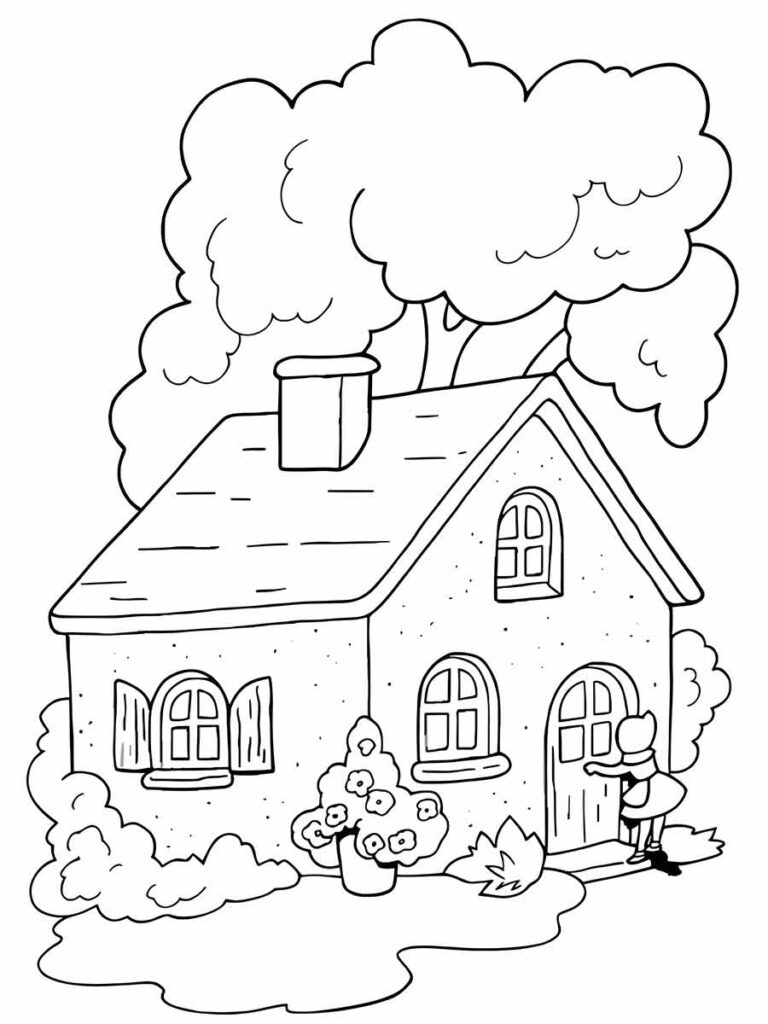 Desenho para colorir: uma pequena casa com chaminé e uma árvore ao fundo.