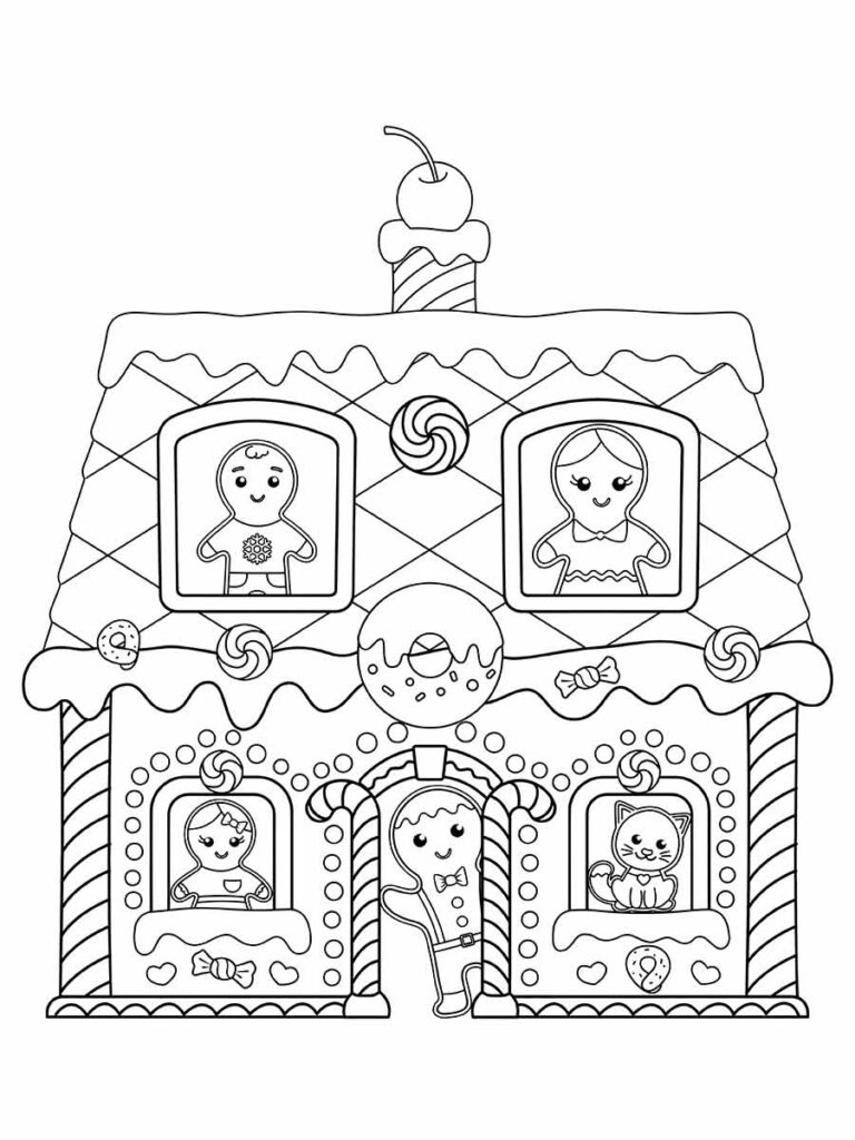 Desenho para colorir de uma casa de biscoito com doces e bonecos.