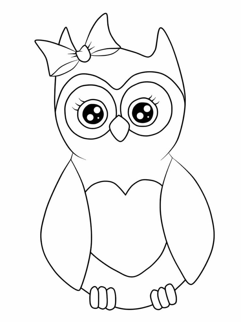 Desenho para colorir de uma coruja de desenho animado com um laço na cabeça e um peito em forma de coração.