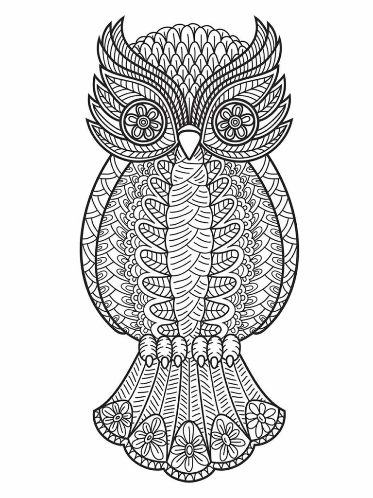 Desenho para colorir adulto de coruja fofa sentada em um galho