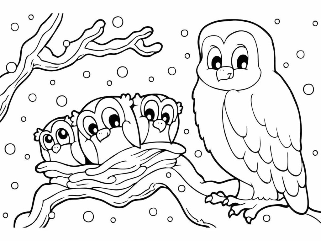 Desenho para colorir de Uma família de corujas em um galho de árvore, com flocos de neve ao fundo.