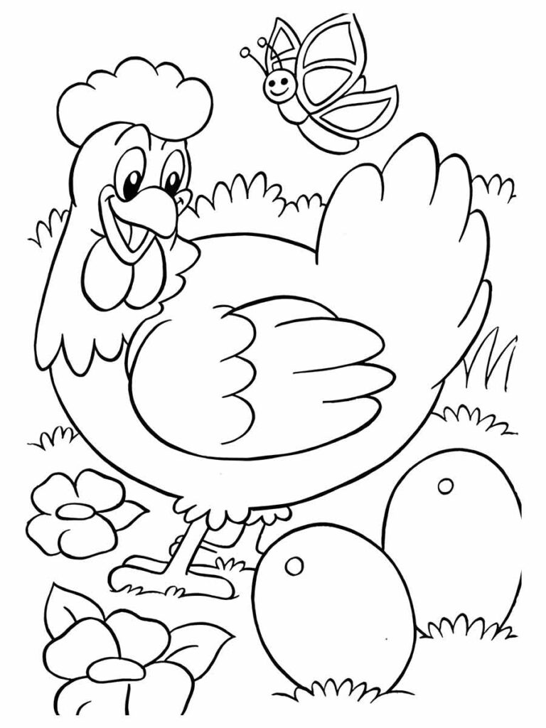 Desenho para colorir de uma galinha sorridente está de pé, rodeado por três ovos e uma borboleta. 🐔🥚🦋