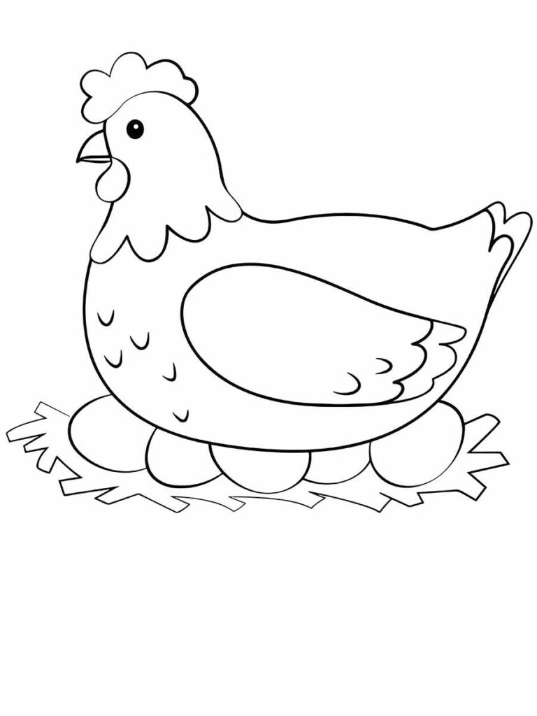 Desenho para colorir de uma galinha sentada em um ninho de ovos. Ela tem uma crista grande na cabeça e o ninho é feito de palha com cinco ovos.