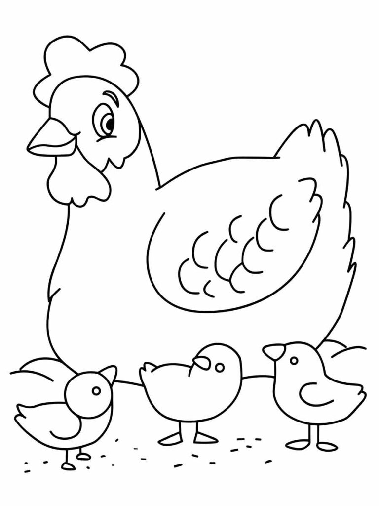 Desenho para colorir de uma galinha e três pintinhos.