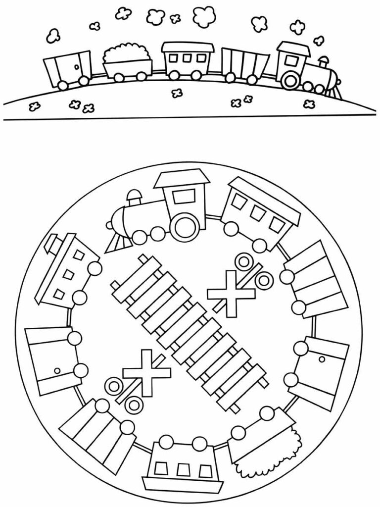 Desenho para colorir de um trem em um círculo. O trem está no centro do círculo e é feito de uma locomotiva e vários vagões.