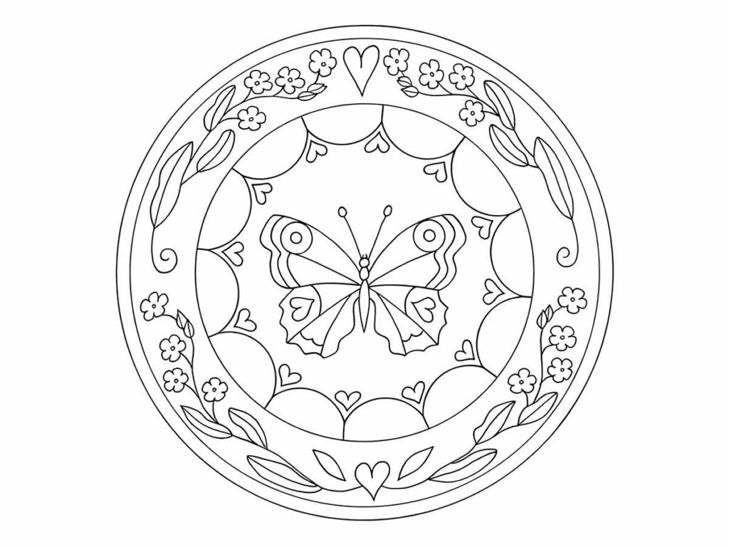 Desenho para colorir de uma mandala com um design floral e uma borboleta no centro. O design consiste de flores, folhas e corações. A borboleta tem asas grandes e detalhadas. O fundo é branco.