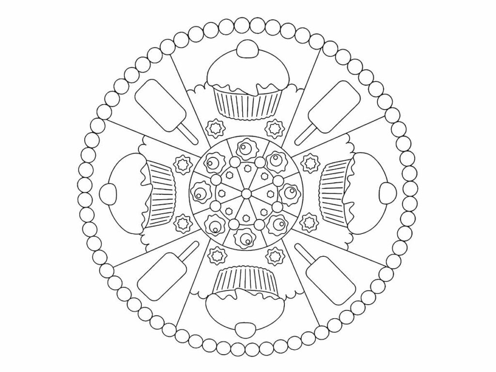 Desenho para colorir de uma mandala infantil de cupcakes e doces que simboliza a doçura e a alegria da vida.