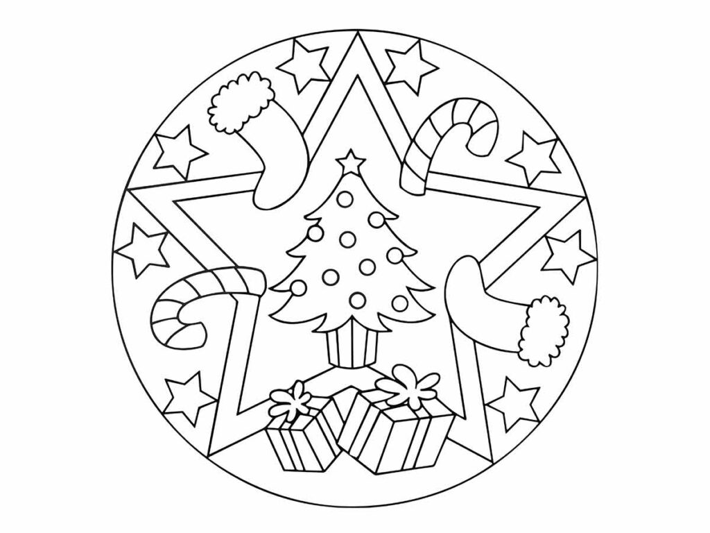 Desenho para colorir de uma mandala com árvore de Natal e presentes dentro de um círculo com estrelas e meias de Natal.