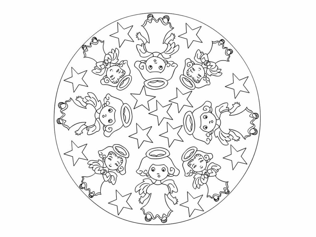 Desenho para colorir de uma mandala infantil em círculo com estrelas e anjos.