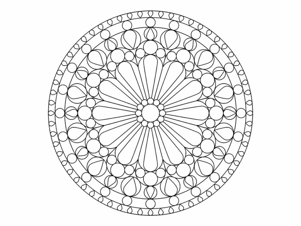 Desenho para colorir de uma imagem de uma mandala infantil, oval com um padrão de círculos e linhas.