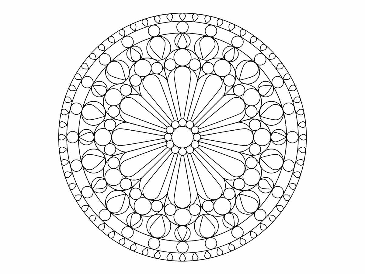 Desenho para colorir de uma imagem de uma mandala infantil, oval com um padrão de círculos e linhas.