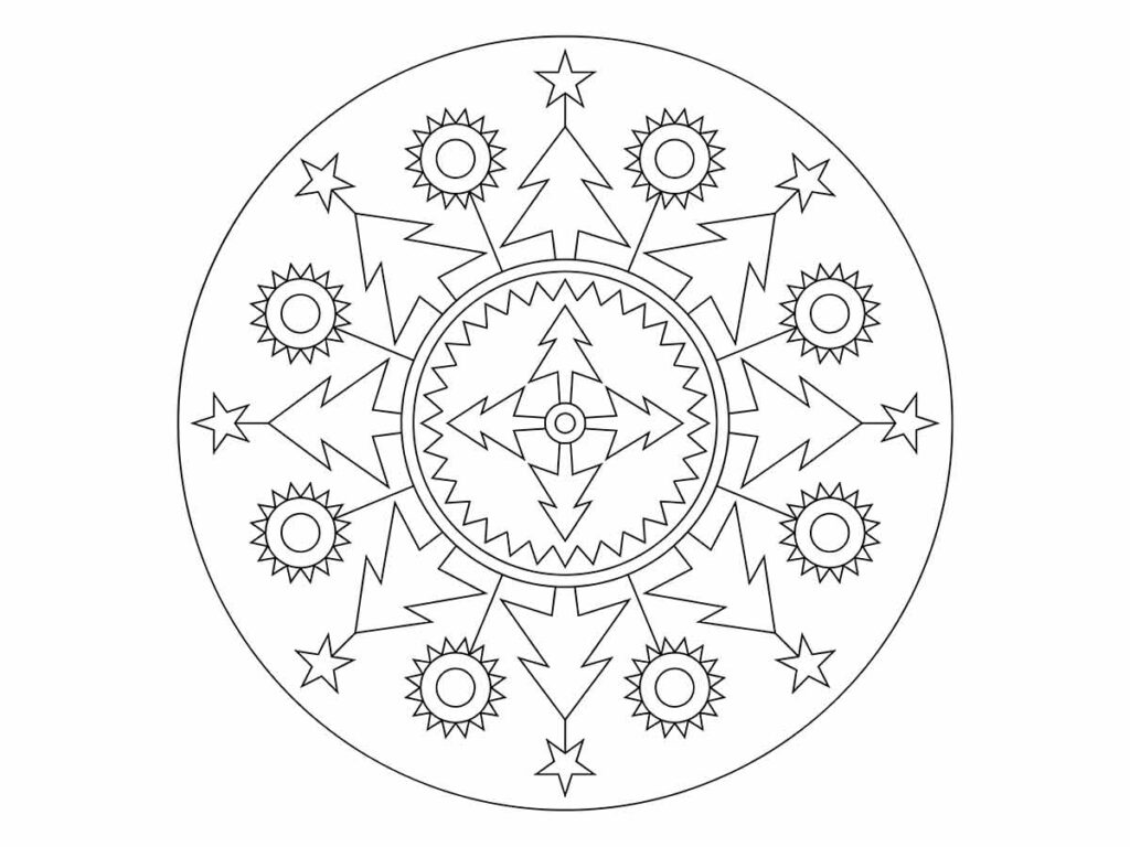 Desenho para colorir de Mandala com estrelas e sóis.