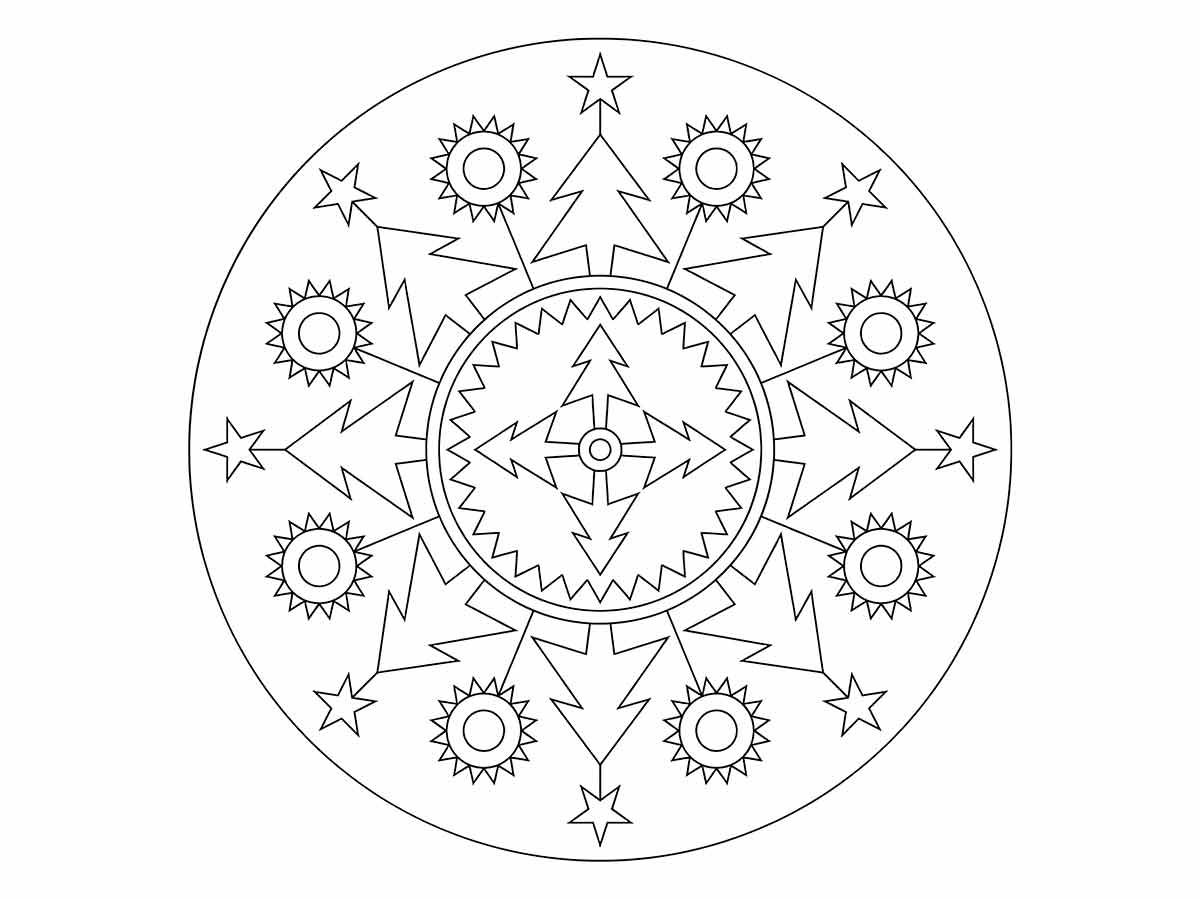 Desenho para colorir de Mandala com estrelas e sóis.