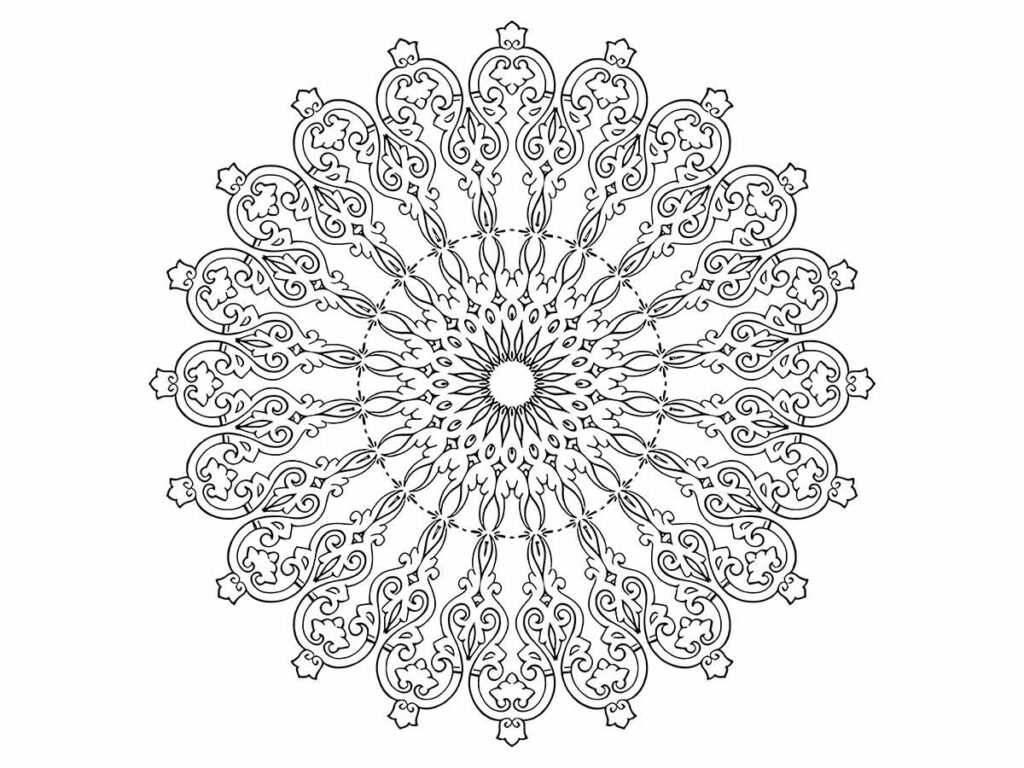 Desenho para colorir de uma mandala circular com um padrão floral.