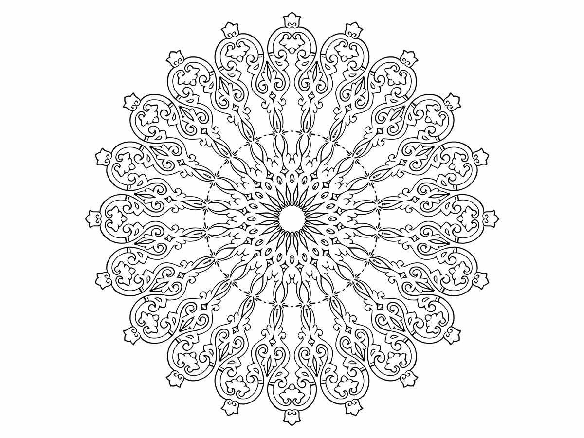 Desenho para colorir de uma mandala circular com um padrão floral.