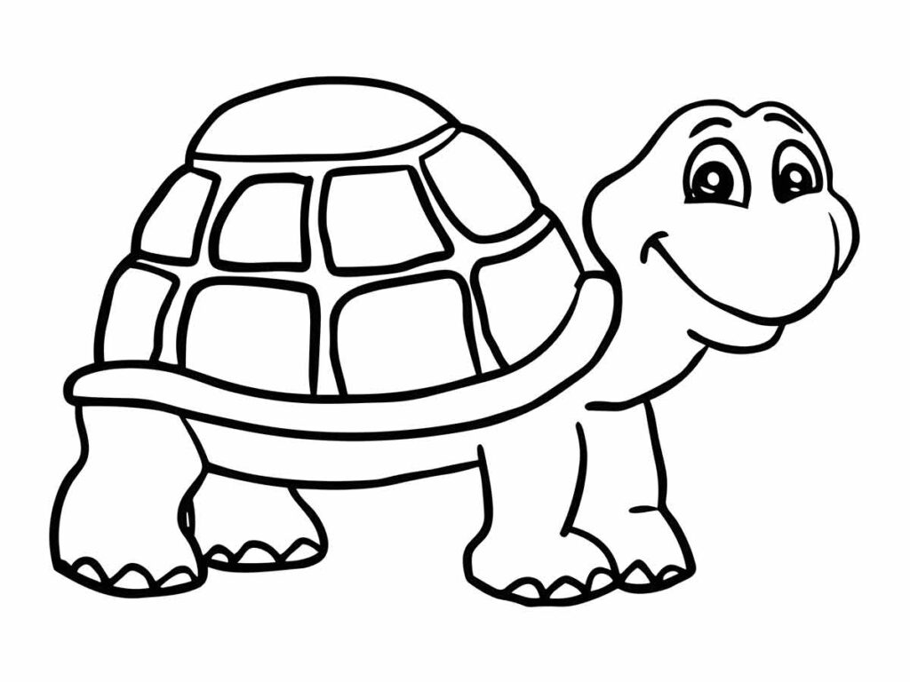 Desenho para colorir fácil de uma tartaruga em estilo de desenho animado. A tartaruga tem uma grande carapaça com um padrão de quadrados, uma cabeça pequena com um sorriso e olhos redondos, além de quatro patas com pés arredondados.