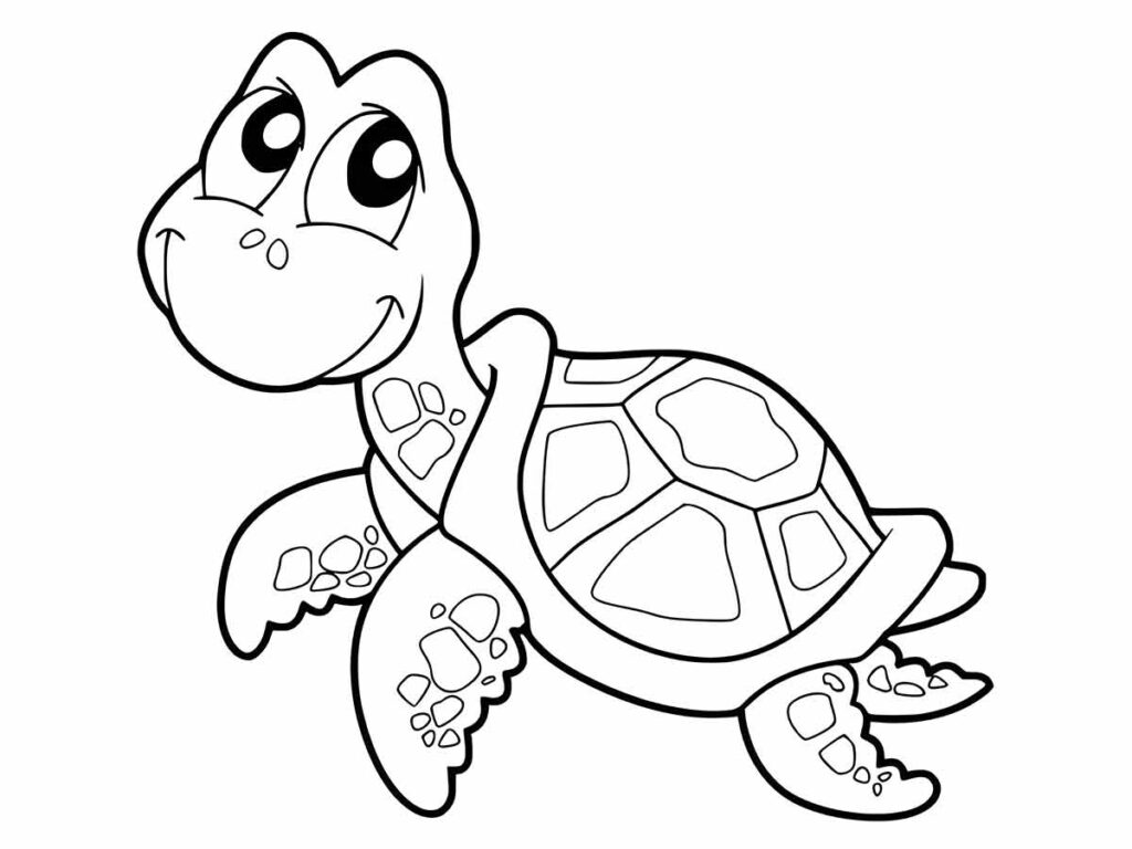 Desenho para colorir de uma tartaruga com um casco redondo coberto por padrões hexagonais. Ela tem olhos grandes, quatro patas com garras.