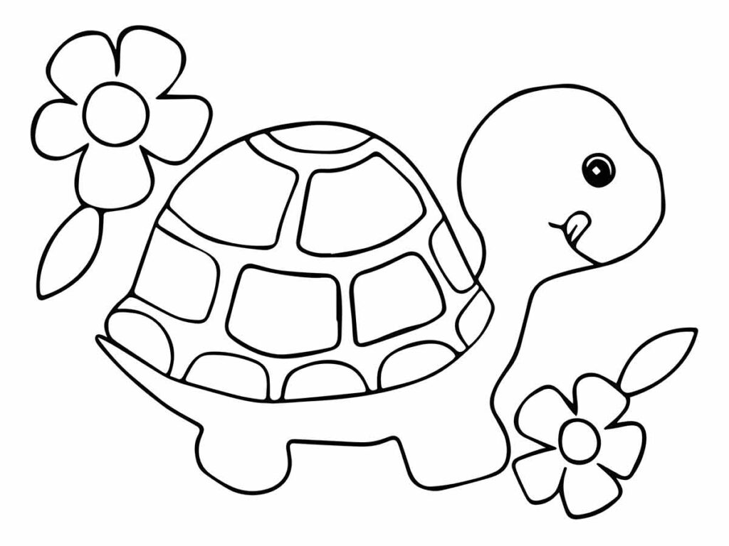 Desenho para imprimir, pintar e colorir de uma tartaruga com duas flores. A tartaruga tem uma concha grande com várias seções hexagonais, e sua cabeça está virada para a direita com um pequeno sorriso. As flores estão em ambos os lados da tartaruga e têm cinco pétalas cada.