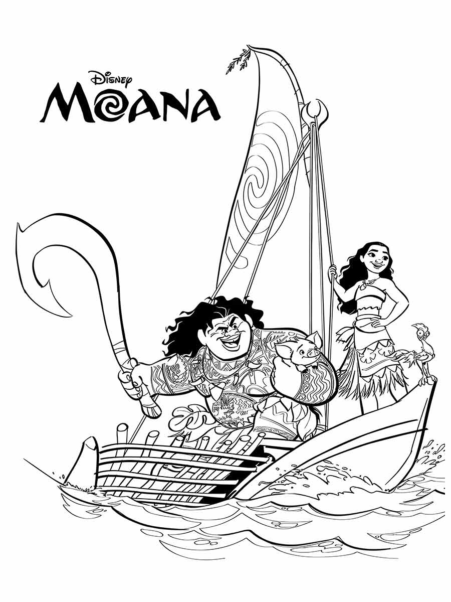 desenho para pintar e colorir de Moana e Maui em alto mar.