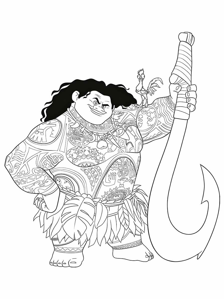 Desenho de Maui para colorir, um personagem do filme Moana. Ele é um homem grande com cabelos cacheados longos e tatuagens cobrindo seu corpo. Ele segura um grande anzol na mão direita e Heihei o galo atrapalhado está pousado na sua mão esquerda.