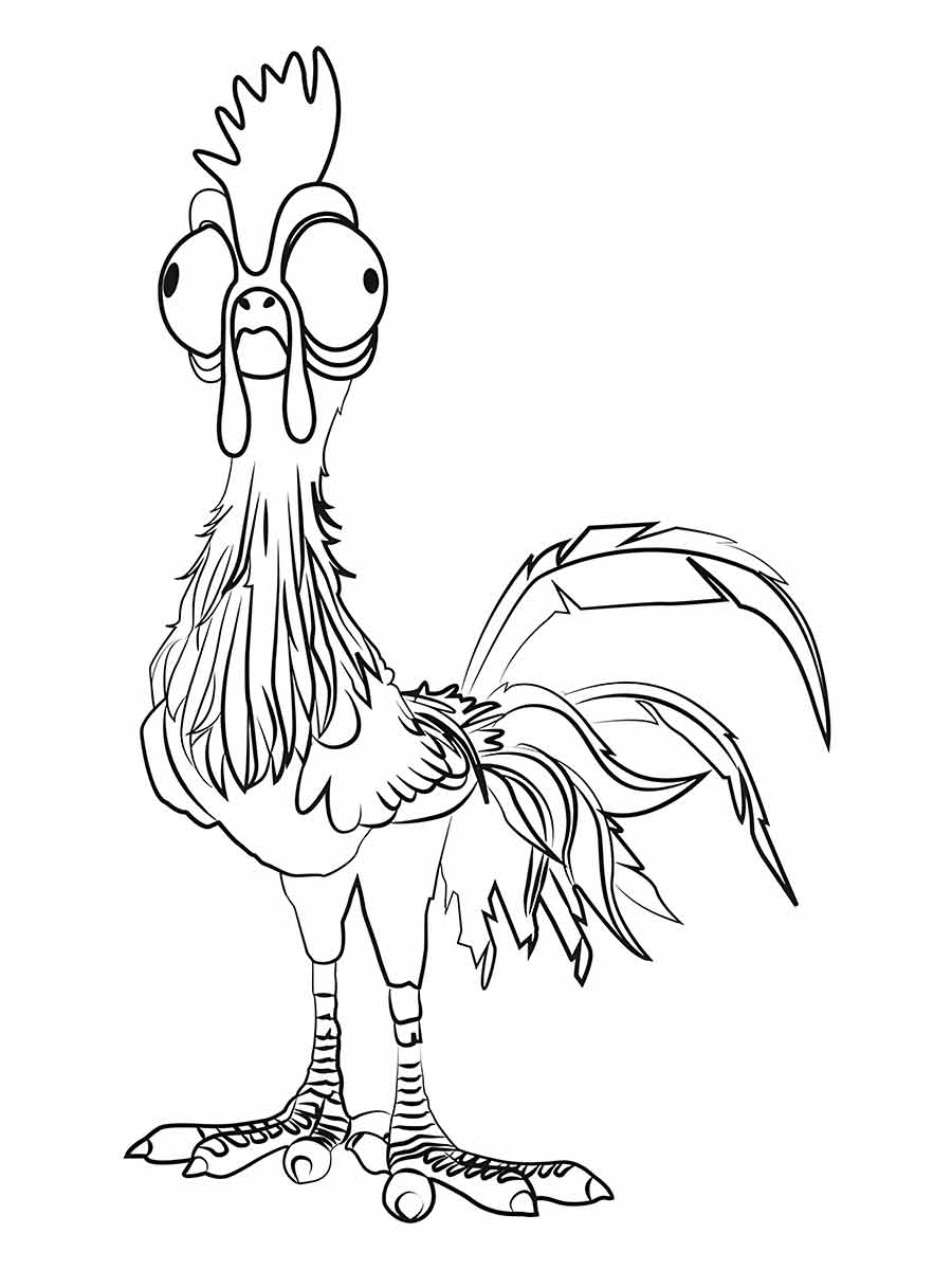 Desenho para colorir de Heihei, o galo de Moana. Ele está em pé com as asas ligeiramente abertas. Ele tem uma grande crista na cabeça e uma longa cauda.