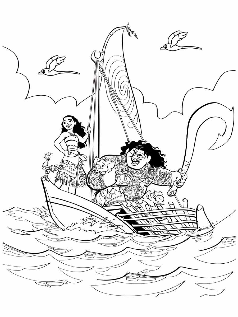 desenho para colorir Moana e Maui navegando.