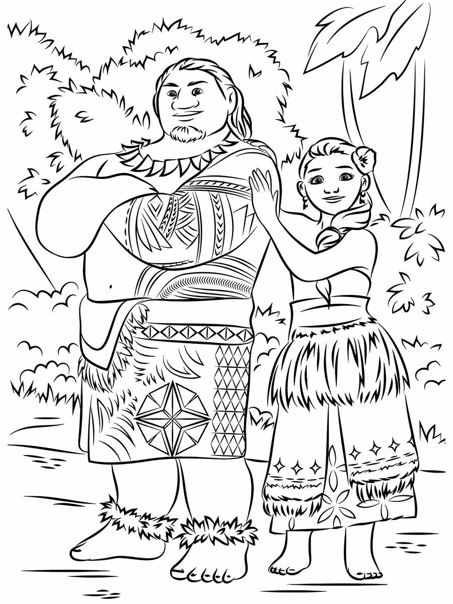 Desenho para colorir de Tui e Sina, os personagens de Moana o filme de animação da Disney. Eles estão em uma ilha tropical com palmeiras e arbustos