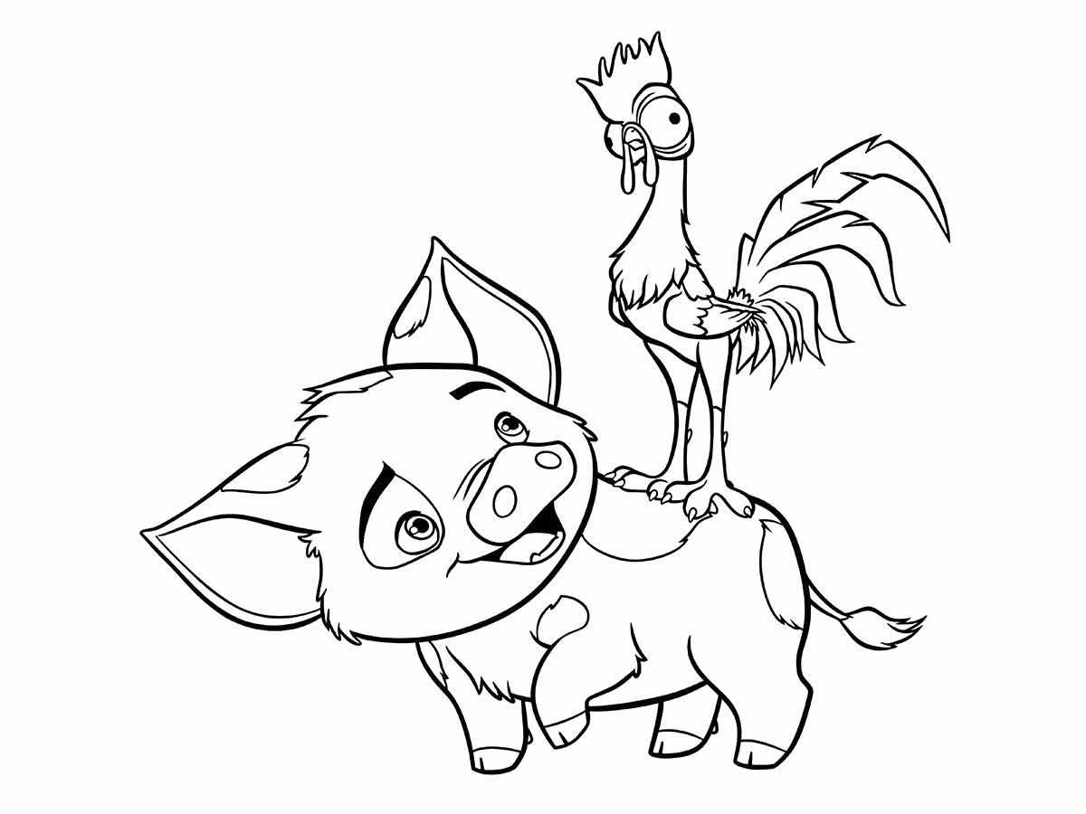 Desenho de “Moana” para colorir, nesta imagem Heihei o galo atrapalhado está em cima de Pua, o porco. Pua é o fiel amigo e mascote de Moana.