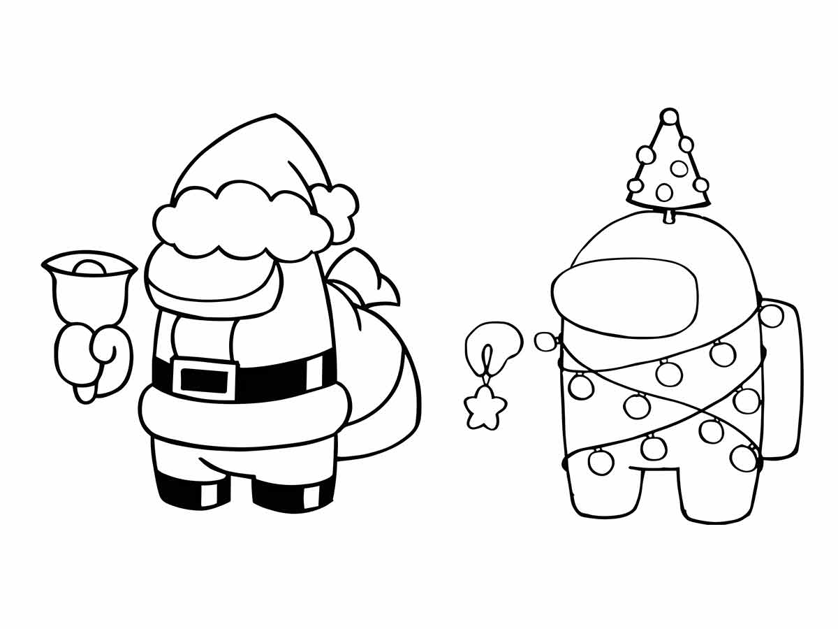 Desenho para colorir de dois personagens do jogo Among Us, um vestido de Papai Noel e outro de árvore de Natal. Os personagens são do jogo Among Us, um jogo online de mistério e traição. O personagem à esquerda está vestido de Papai Noel, completo com um chapéu, barba e saco de presentes. O personagem à direita está vestido de árvore de Natal, com luzes e enfeites. Os nomes dos personagens podem ser escolhidos pelo jogador, mas alguns nomes temáticos e divertidos são Claus, Tree, Gift ou Star.