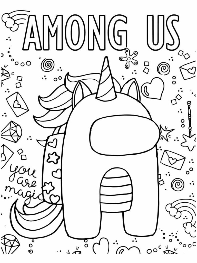 Desenho para colorir de um personagem do Among Us com um chifre de unicórnio e uma cauda de arco-íris. Ele está em um fundo cheio de desenhos de estrelas, corações, diamantes e outras formas. A palavra "AMONG US" está escrita na parte superior da página em letras maiúsculas. O nome do personagem pode ser escolhido pelo jogador, mas alguns nomes divertidos e criativos são Dorito, Cat, Rainbow ou Unicorn.