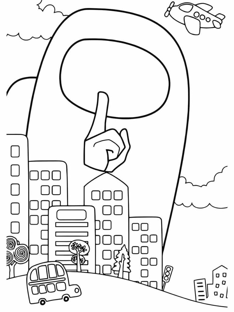 Desenho para colorir de Crewmate gigante em frente a uma paisagem urbana. Ele é um astronauta com um corpo oval e sem braços ou rosto. Ele está levantando um dedo, como se estivesse fazendo uma afirmação. O desenho é feito para ser colorido.