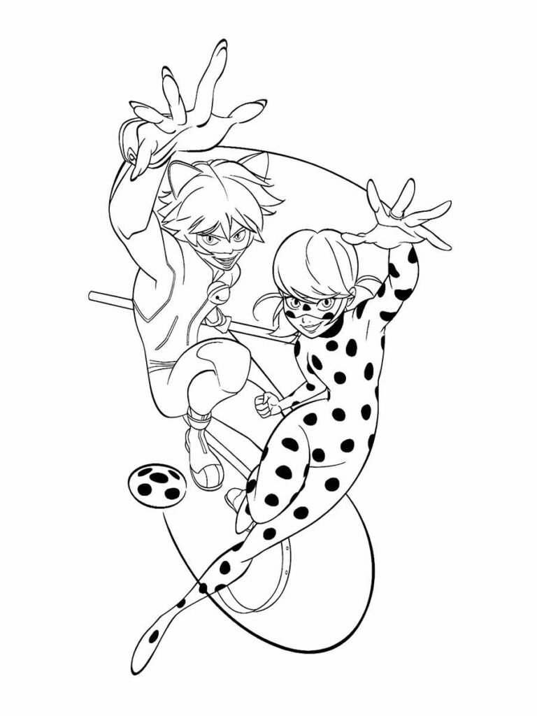 Desenho para colorir de Ladybug e Cat Noir, personagens da série de animação Miraculous: As Aventuras de Ladybug e Cat Noir.