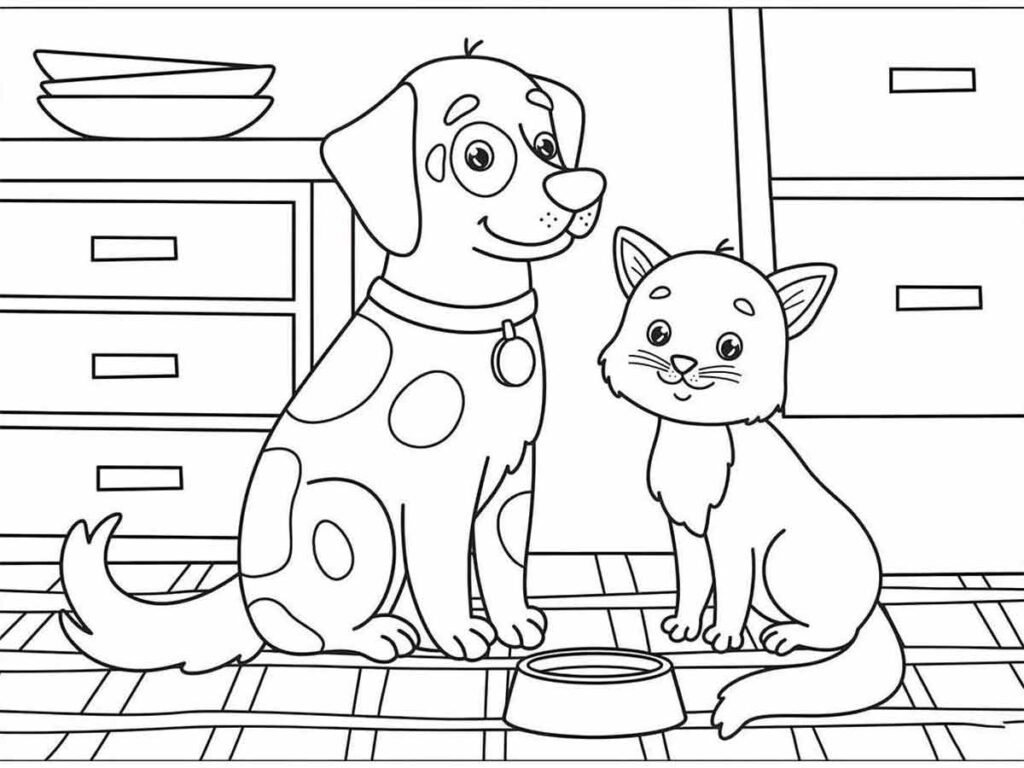 Desenhos para colorir de desenho de um cão com um gato para colorir  