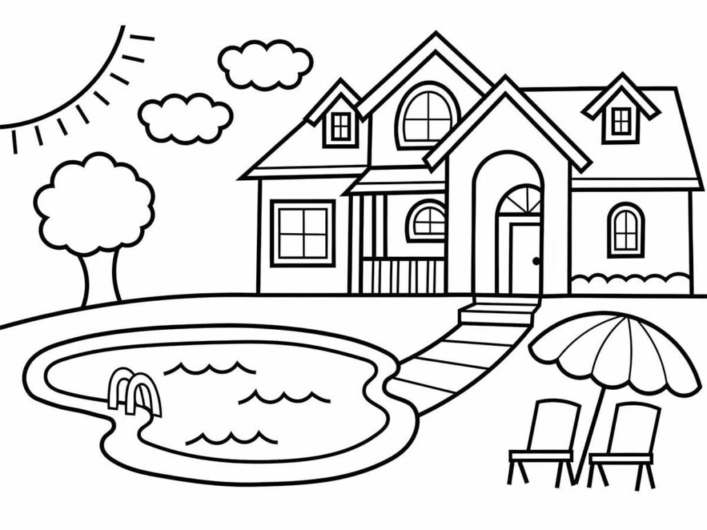 Desenho para colorir e imprimir de uma casa com piscina no quintal.