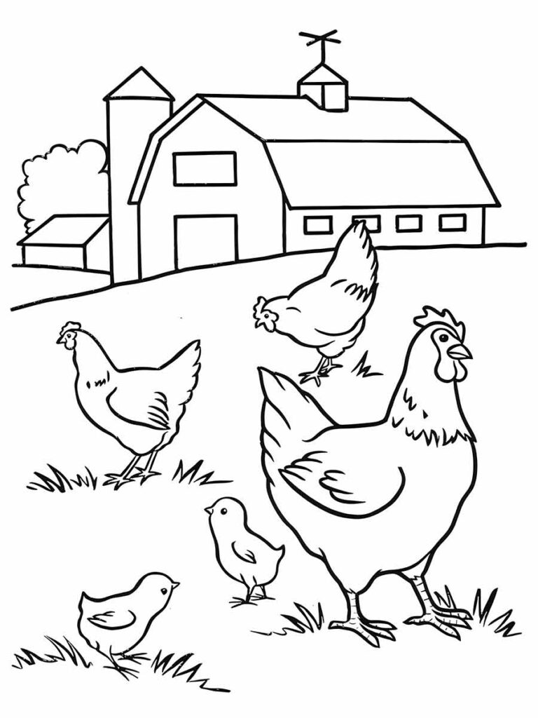 Desenho para colorir de uma fazenda com um celeiro, um silo, uma árvore e um grupo de galinhas