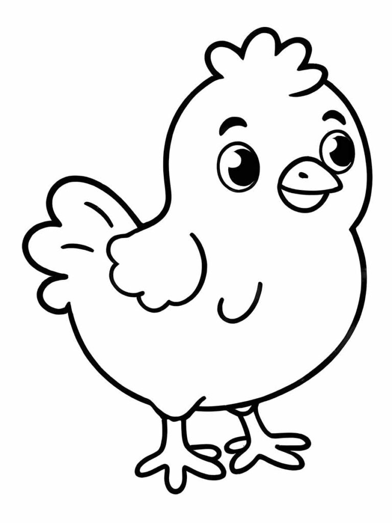 Desenho para colorir de um frango em preto e branco. O frango está de pé sobre duas pernas, tem um corpo redondo, pequeno bico e dois olhos redondos. Ele também tem uma pequena crista na cabeça e um rabo.