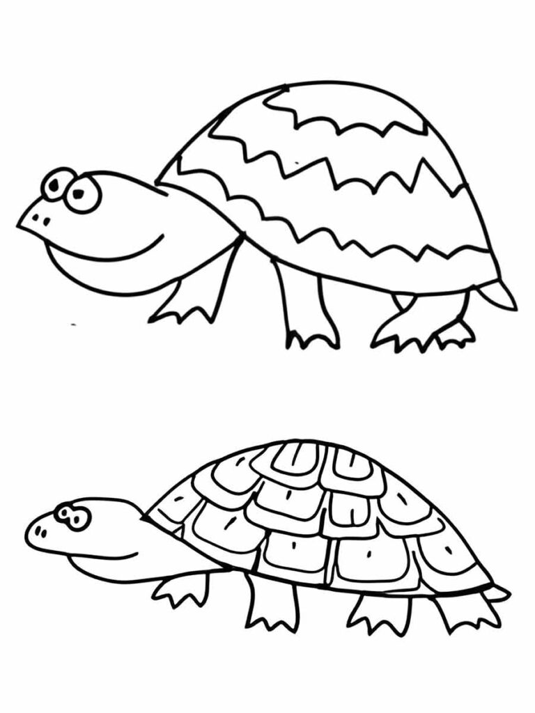 Desenhos para colorir de duas tartarugas. A tartaruga superior é maior e tem um padrão zigue-zague em sua carapaça. A tartaruga inferior é menor e possui um padrão de casco mais detalhado. Ambas as tartarugas têm suas cabeças estendidas.