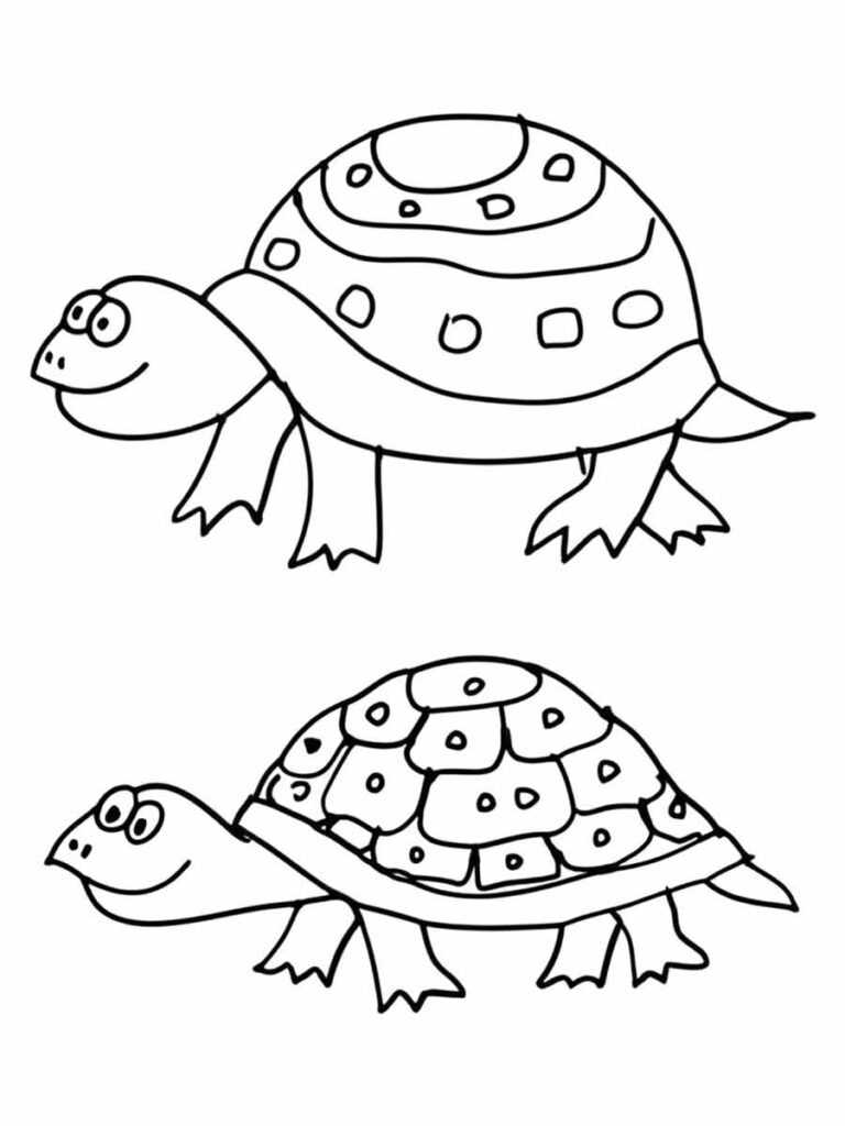 Desenho para imprimir e colorir de duas tartarugas. Elas estão voltadas para a mesma direção e têm tamanhos diferentes. A tartaruga maior está em cima e tem uma carapaça redonda com manchas e um padrão de linhas. A tartaruga menor está embaixo e tem uma carapaça hexagonal com um padrão de linhas. Ambas as tartarugas têm um sorriso no rosto e estão andando de quatro patas.