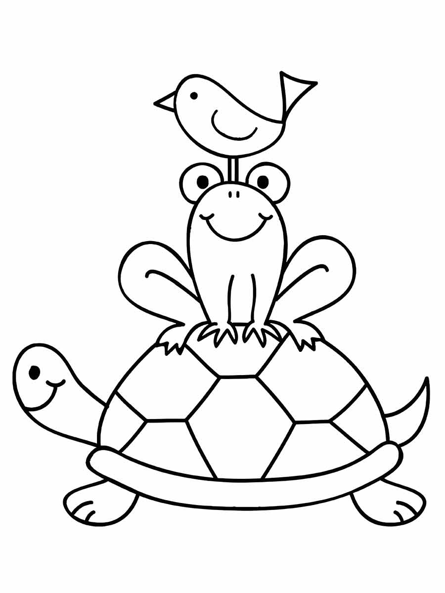 Desenho para colorir de uma tartaruga com um sapo e um pássaro em suas costas.