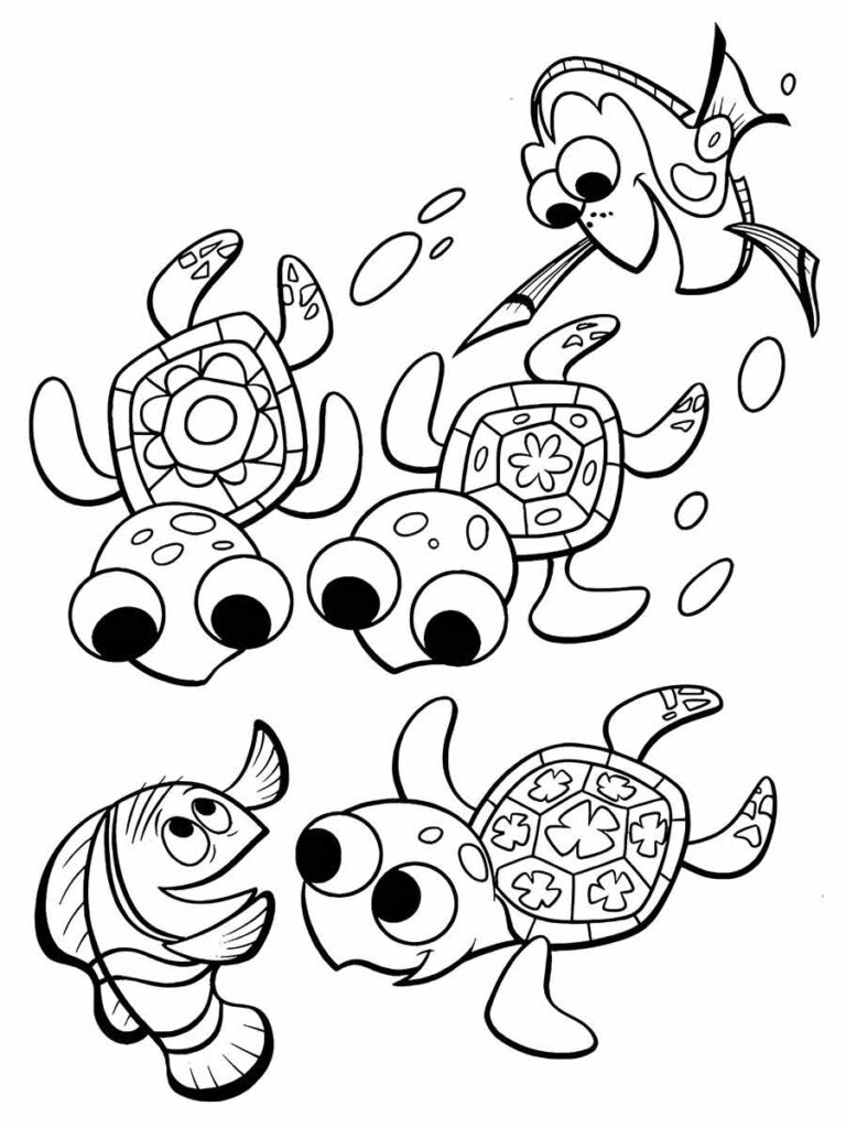 Desenho para colorir de três tartarugas e dois peixes. As tartarugas estão em diferentes poses e têm padrões diferentes em suas carapaças. Os peixes também estão em diferentes poses e têm padrões diferentes em seus corpos. O desenho é no estilo de um desenho animado.