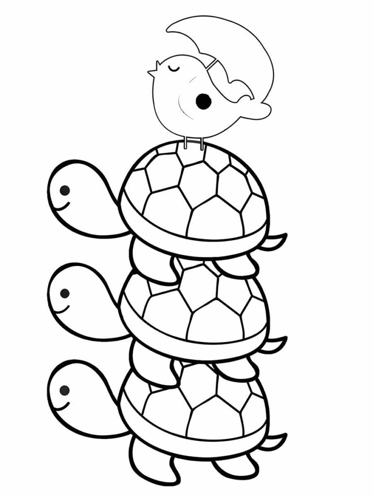 Desenho para colorir de uma pilha de tartarugas com um pássaro no topo.