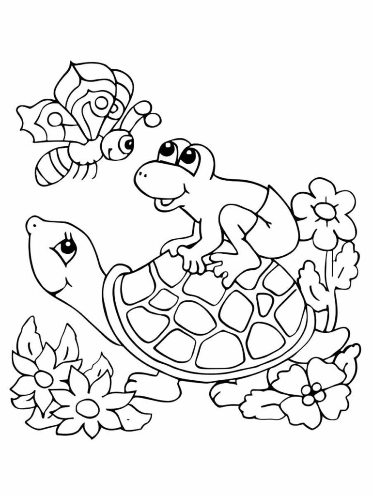 Desenho para colorir de um sapo sorridente sentado em cima de uma tartaruga, com um casco coberto por padrões hexagonais. Flores e uma borboleta compõem o fundo.