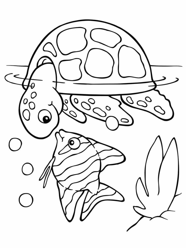 Desenho para pintar e colorir de uma tartaruga marinha e um peixe nadando no oceano. A tartaruga tem uma concha grande com seis seções e um pequeno rosto com dois olhos. O peixe tem listras no corpo e um nariz pontudo.