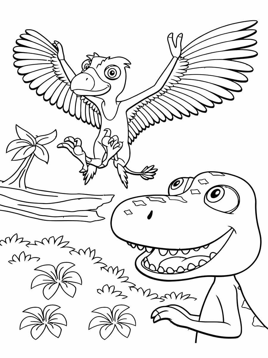 Desenho para colorir de dois dinossauros em estilo de desenho animado. O primeiro dinossauro é um pterodáctilo com asas grandes abertas. Ele está voando acima do solo. O segundo dinossauro é um T-Rex que está no chão.