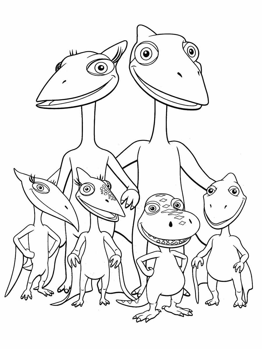 Desenho para colorir de seis dinossauros fofos em estilo de desenho animado. Eles têm diferentes expressões faciais e tipos de corpo. Eles estão em um grupo, com alguns na frente e outros atrás. Eles podem ser de diferentes espécies, como tricerátopos, estegossauros, velociraptores ou outros.